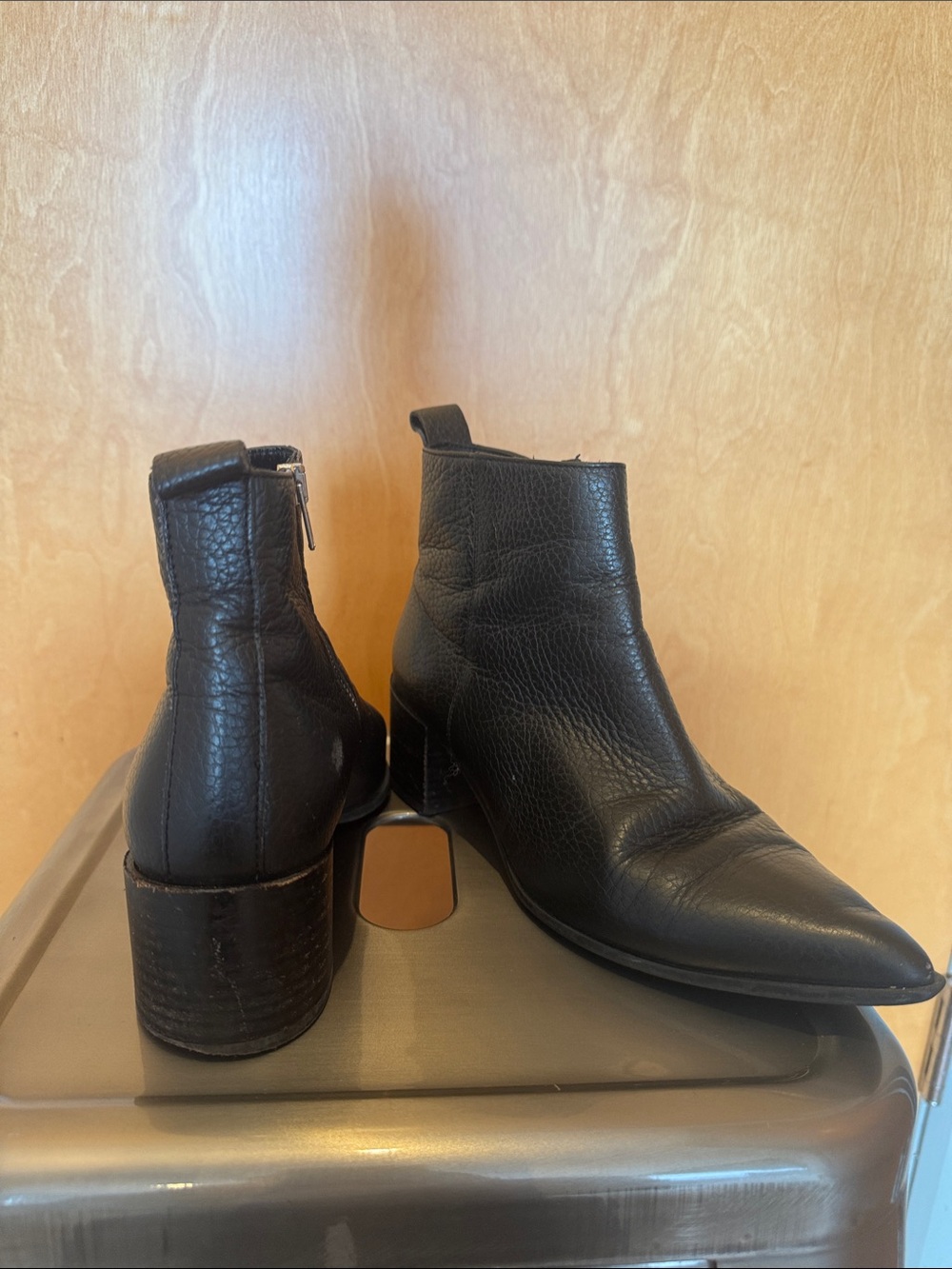 Classic Black Leather Zip-Back Block Heel Ankle Boots